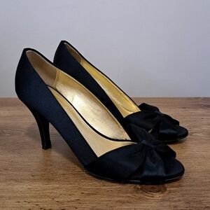 J. Crew Black Heels Women's Size 8 Fabric Upper Bow Open Toe Gold Made in Italy